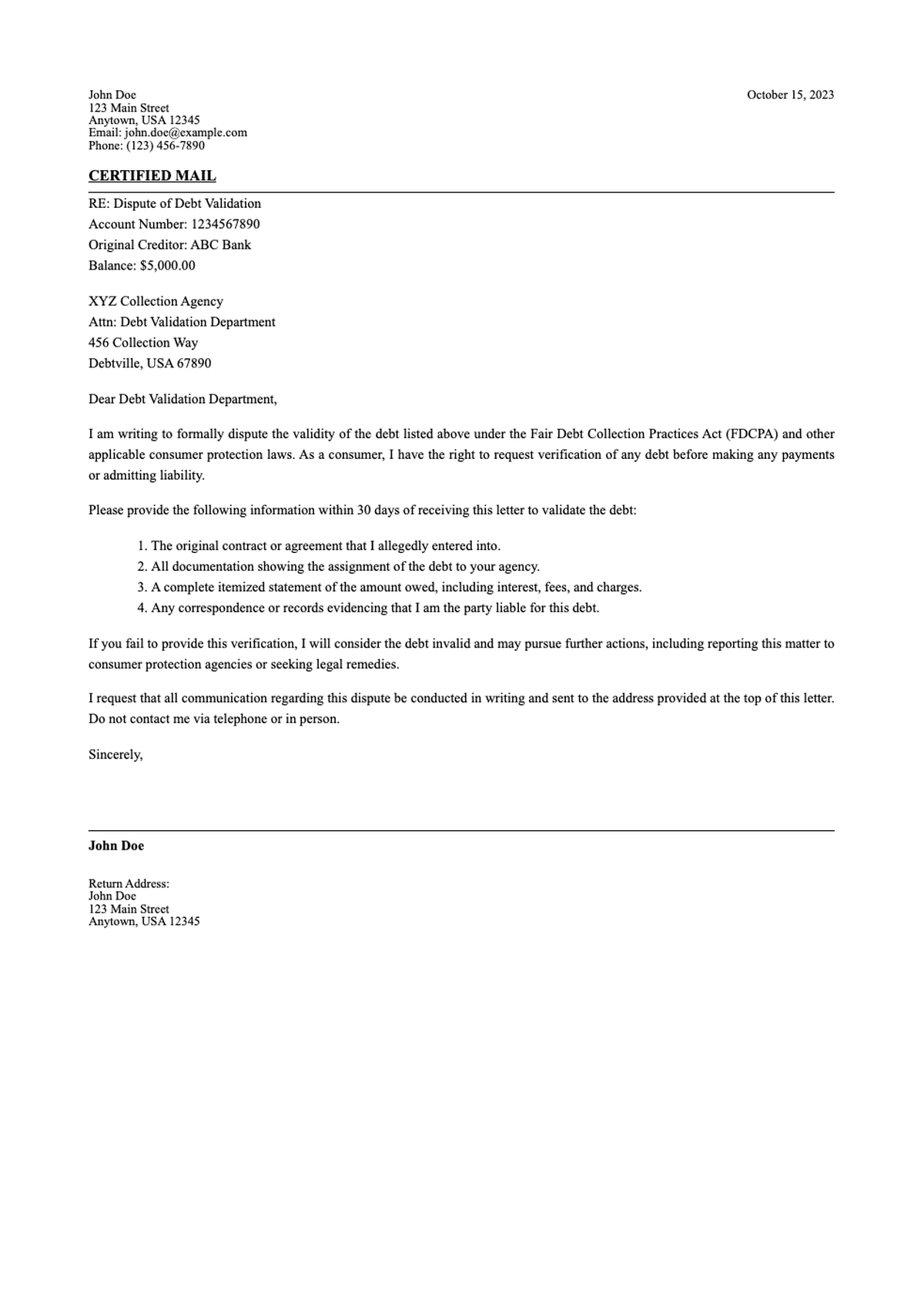 Certified mail return receipt debt dispute letter under Fair Credit Reporting Act_variant_3